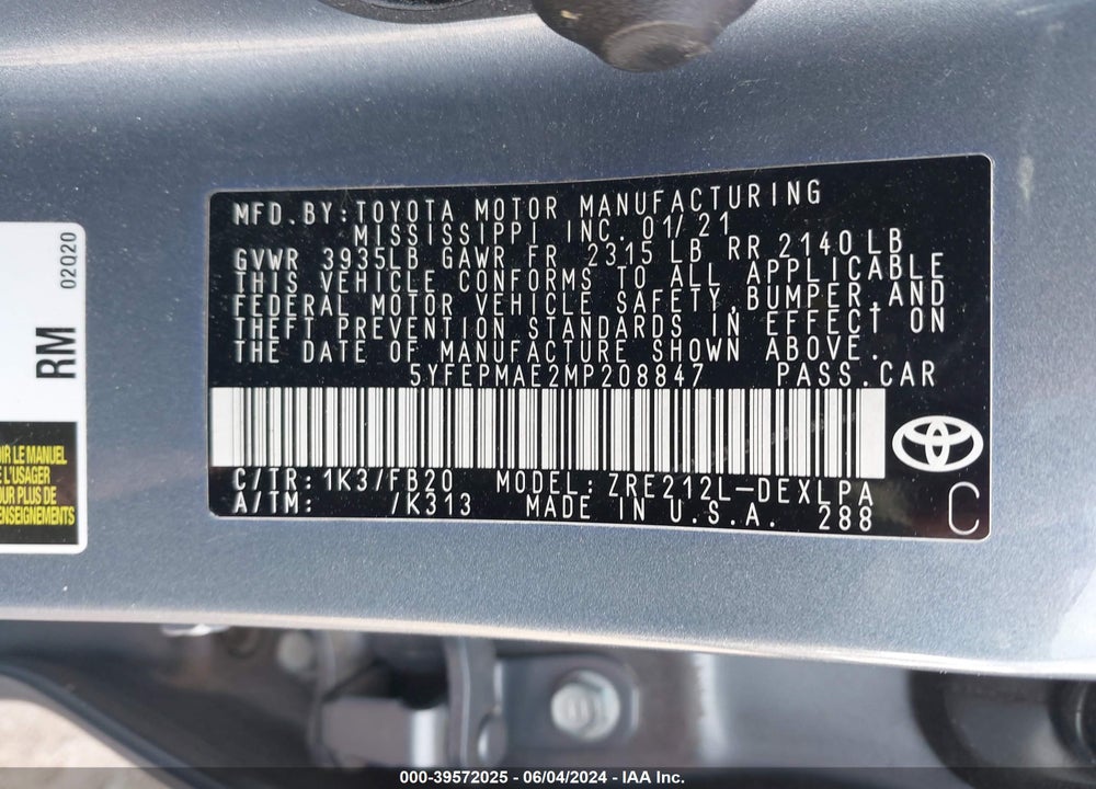 2021 TOYOTA COROLLA LE VIN: 5YFEPMAE2MP208847