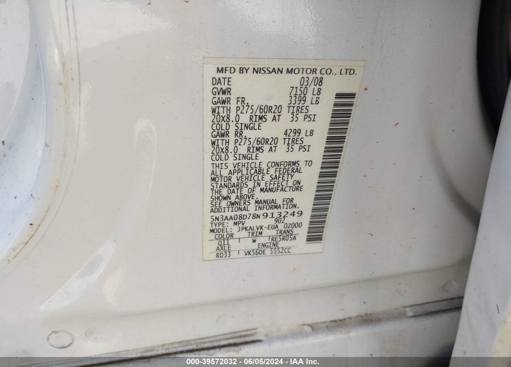2008 INFINITI QX56 VIN: 5N3AA08D78N913249