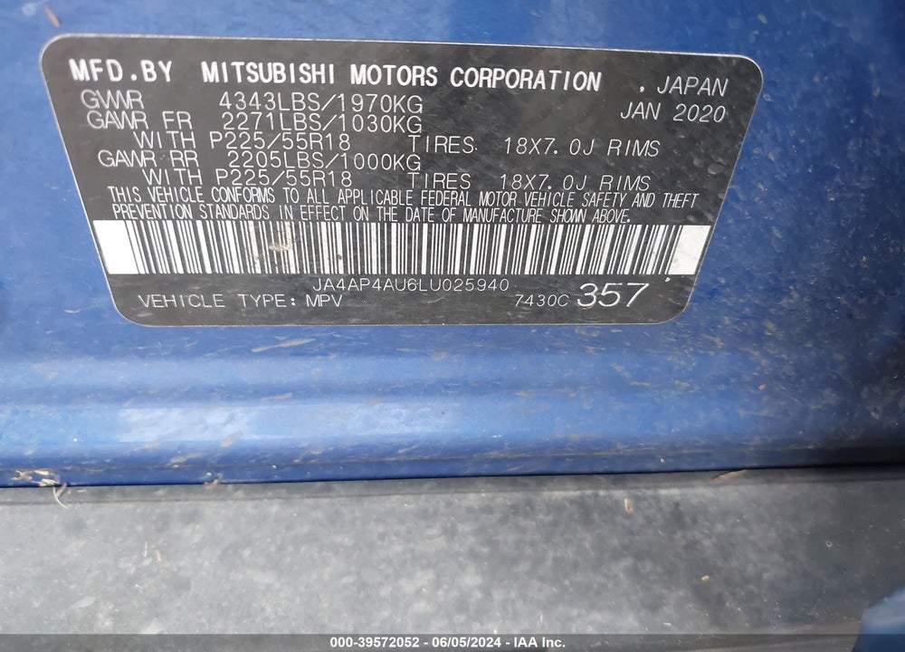 2020 MITSUBISHI OUTLANDER SPORT 2.0 SE VIN: JA4AP4AU6LU025940