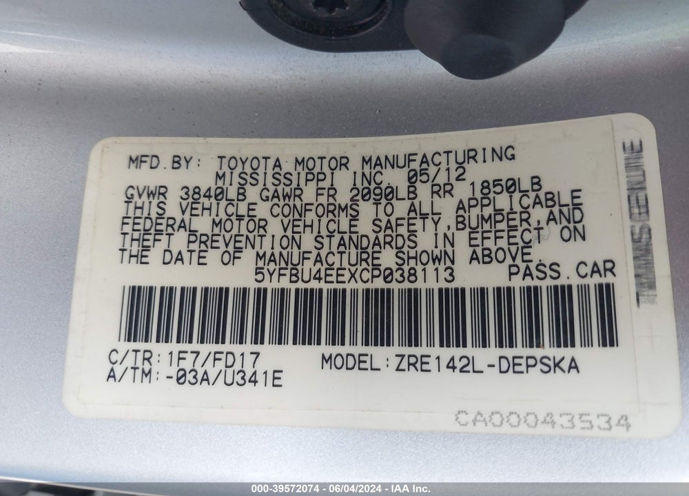 2012 TOYOTA COROLLA S VIN: 5YFBU4EEXCP038113