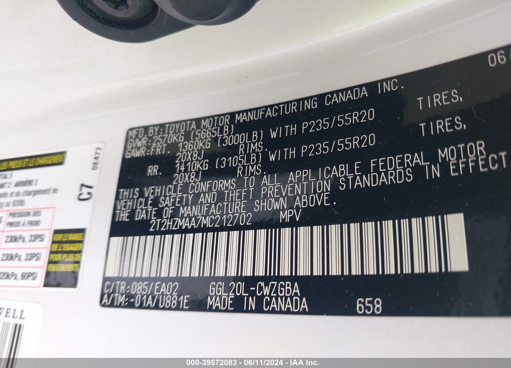 2021 LEXUS RX 350 VIN: 2T2HZMAA7MC212702