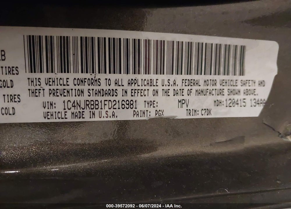 2015 JEEP PATRIOT SPORT VIN: 1C4NJRBB1FD216981
