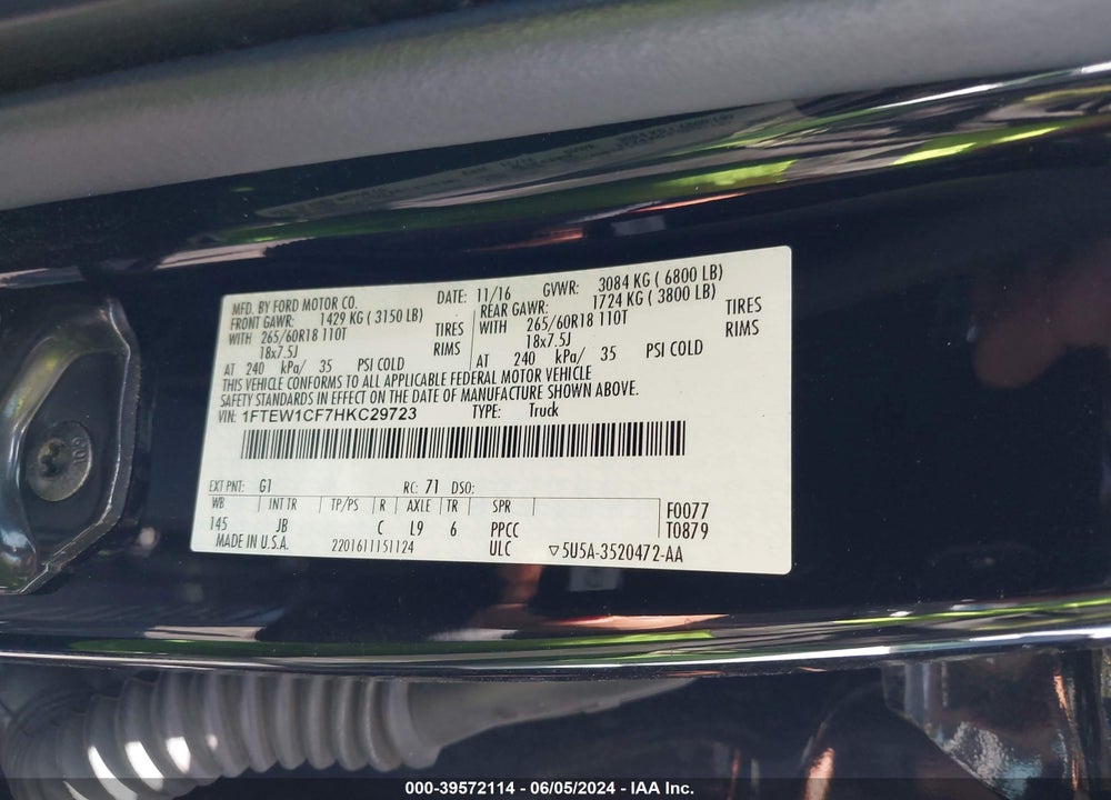2017 FORD F-150 XLT VIN: 1FTEW1CF7HKC29723