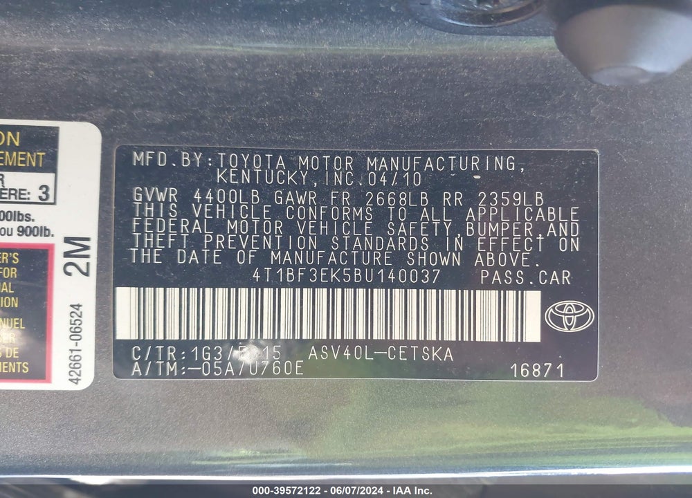 2011 TOYOTA CAMRY SE VIN: 4T1BF3EK5BU140037