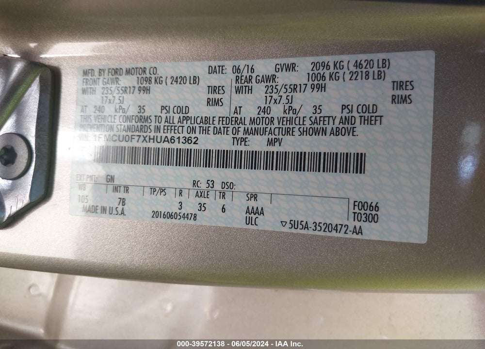 2017 FORD ESCAPE S VIN: 1FMCU0F7XHUA61362