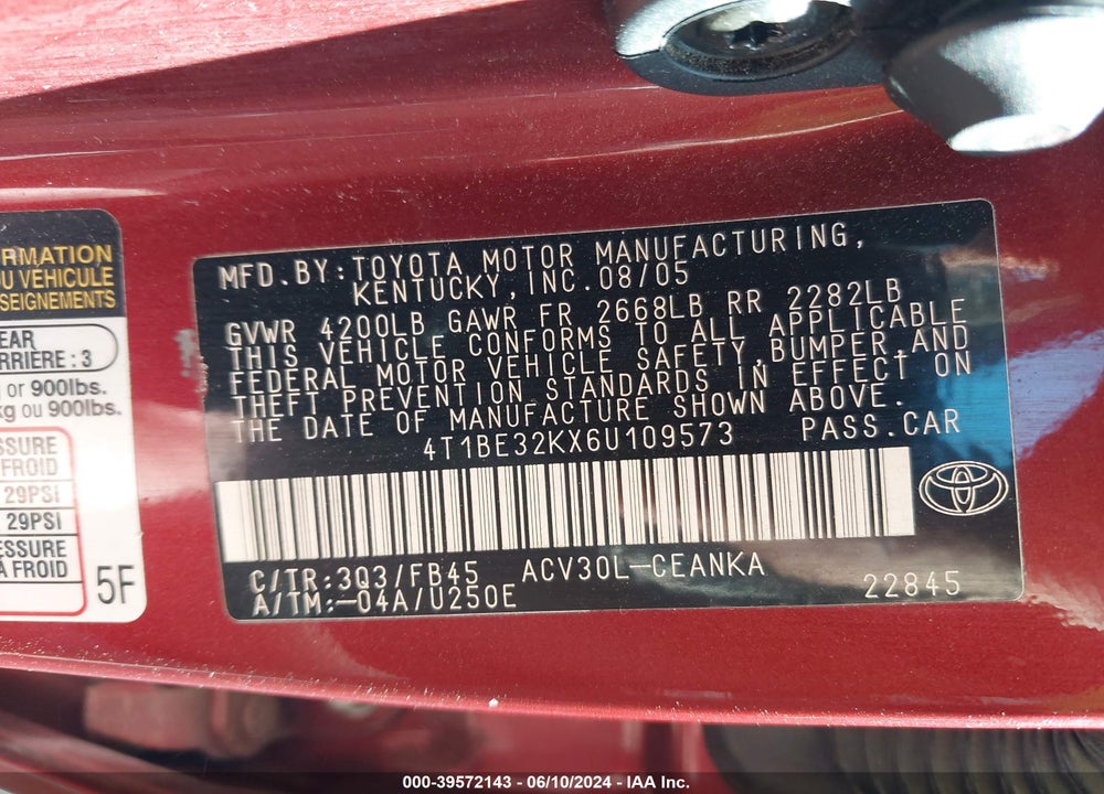 2006 TOYOTA CAMRY LE VIN: 4T1BE32KX6U109573