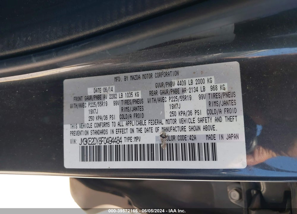 2015 MAZDA CX-5 GRAND TOURING VIN: JM3KE2DY8F0494484