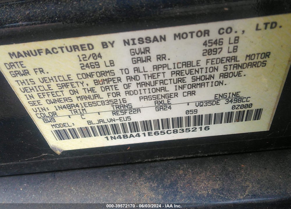 2005 NISSAN MAXIMA 3.5 SL VIN: 1N4BA41E65C835216