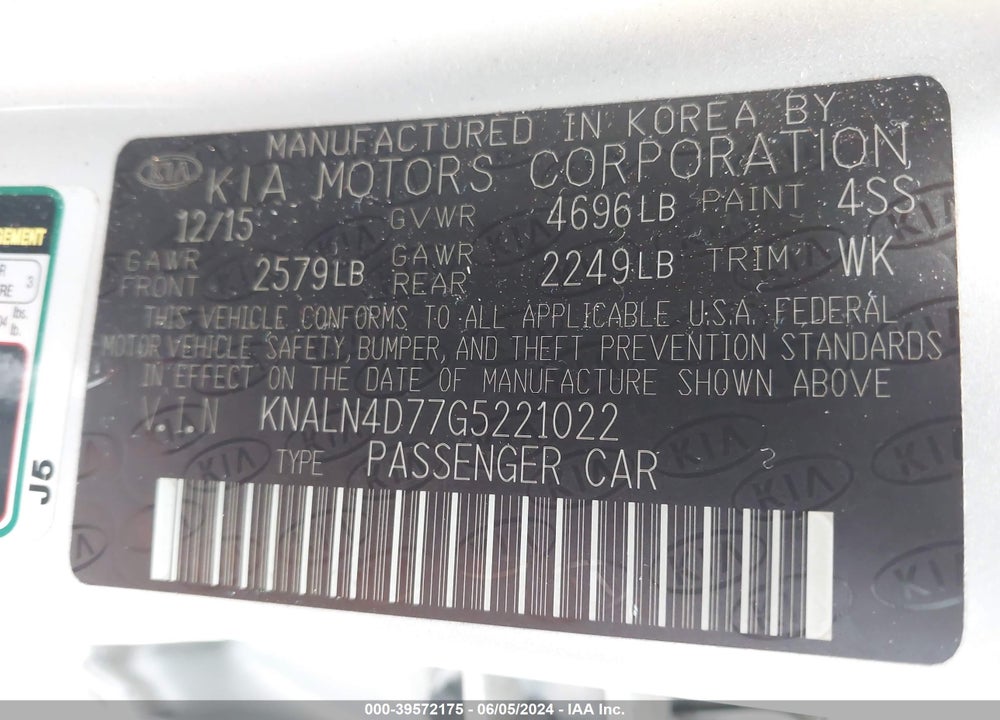 2016 KIA CADENZA PREMIUM VIN: KNALN4D77G5221022