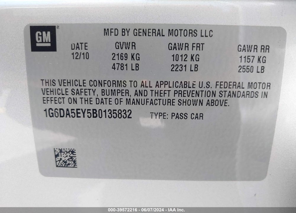 2011 CADILLAC CTS STANDARD VIN: 1G6DA5EY5B0135832