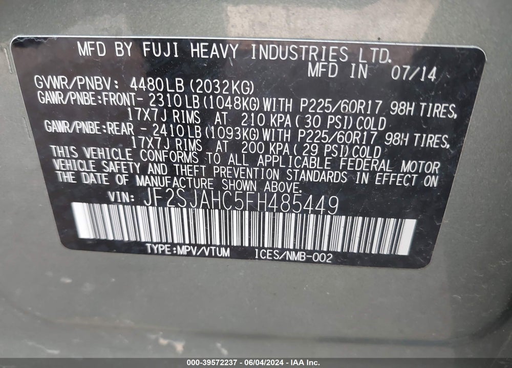 2015 SUBARU FORESTER 2.5I LIMITED VIN: JF2SJAHC5FH485449