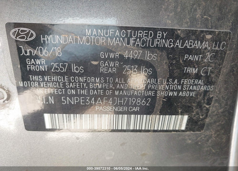 2018 HYUNDAI SONATA SPORT VIN: 5NPE34AF4JH719862