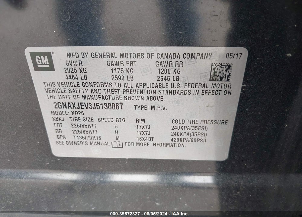 2018 CHEVROLET EQUINOX LT VIN: 2GNAXJEV3J6138867