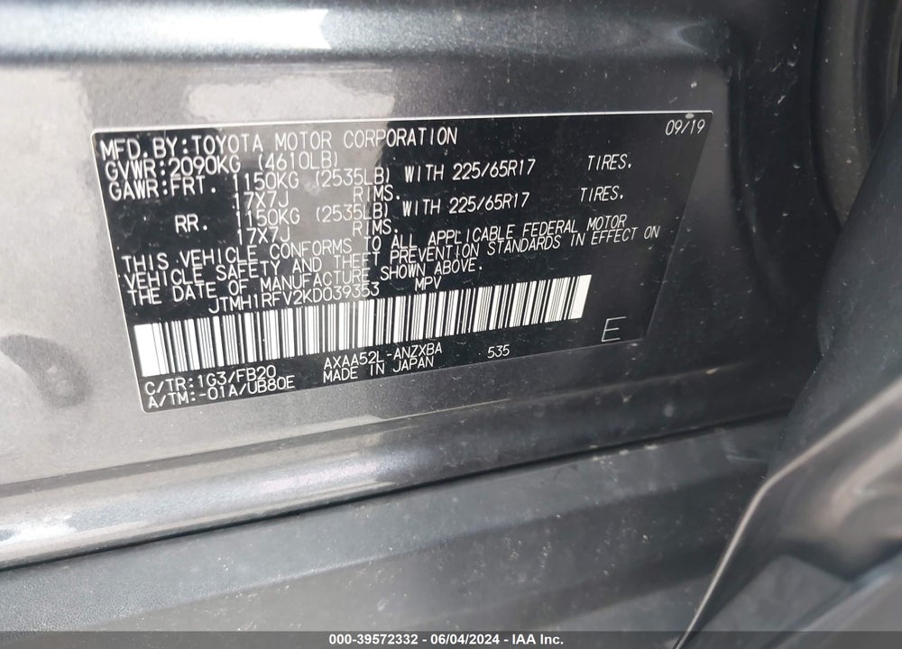2019 TOYOTA RAV4 LE VIN: JTMH1RFV2KD039353