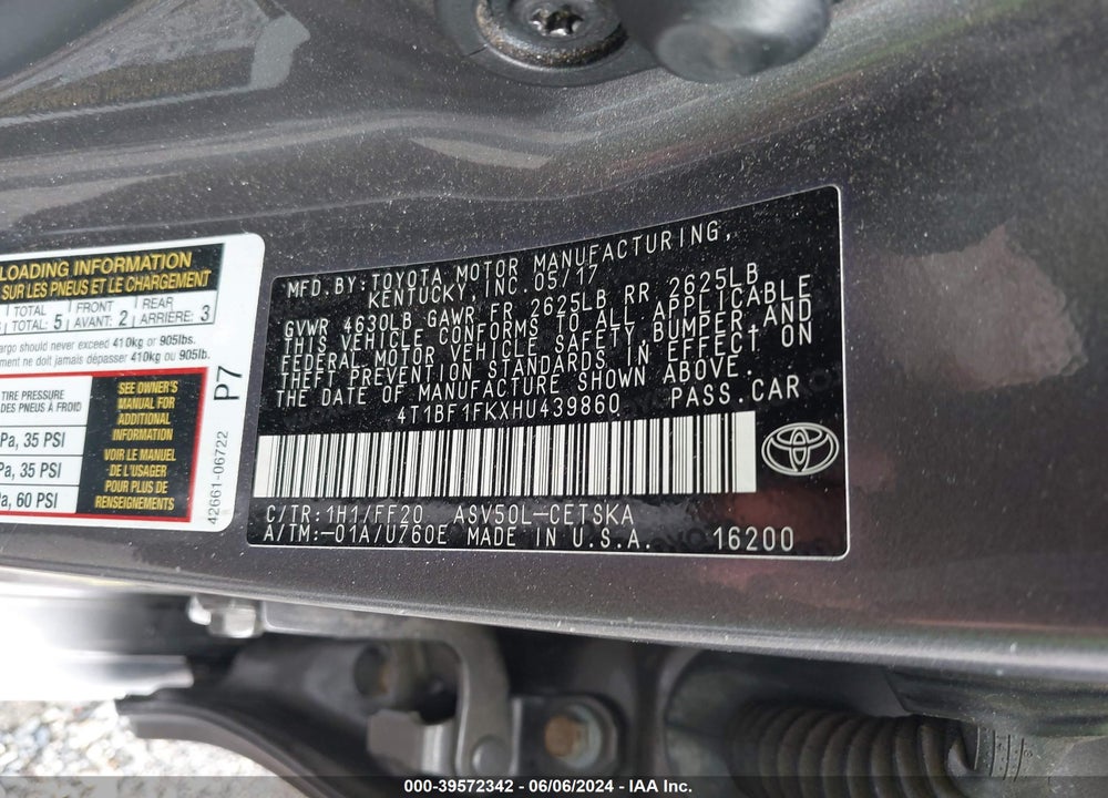 2017 TOYOTA CAMRY SE VIN: 4T1BF1FKXHU439860