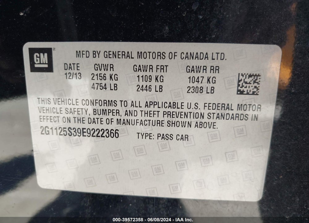 2014 CHEVROLET IMPALA 2LT VIN: 2G1125S39E9222366