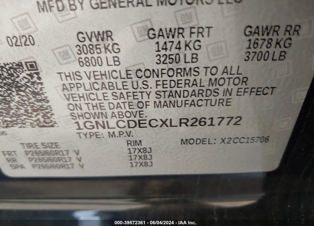 2020 CHEVROLET TAHOE COMMERCIAL VIN: 1GNLCDECXLR261772