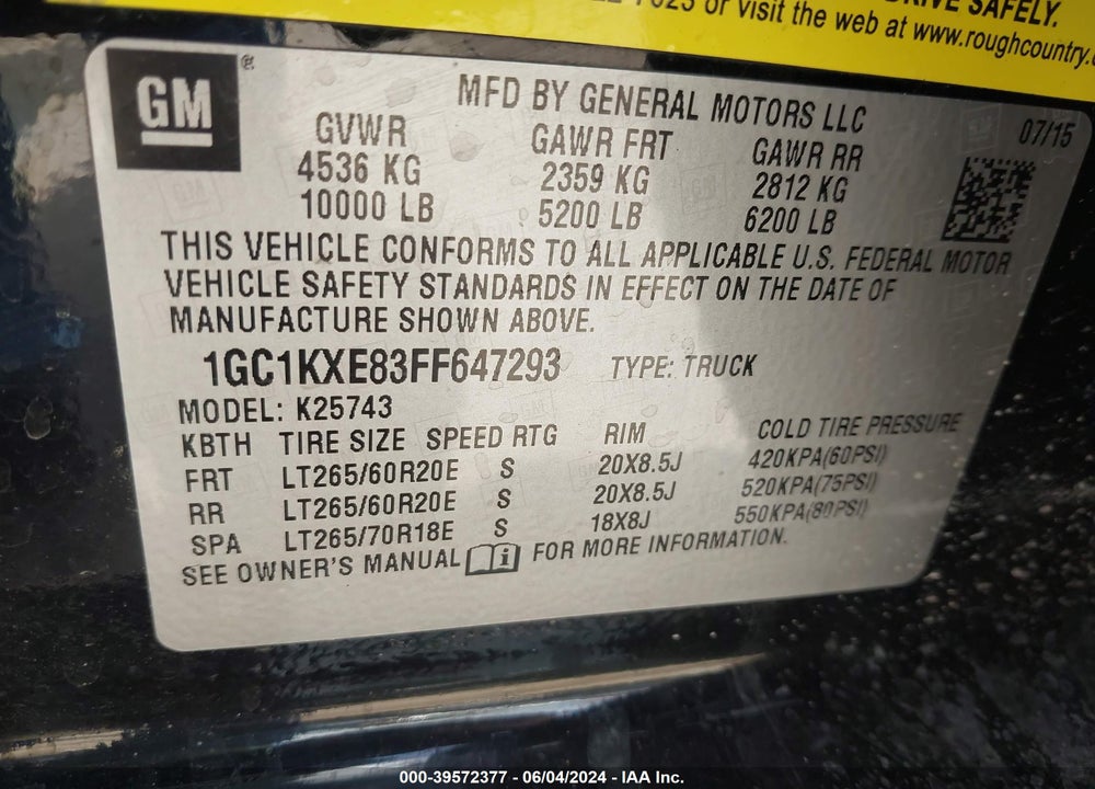 2015 CHEVROLET SILVERADO 2500HD HIGH COUNTRY VIN: 1GC1KXE83FF647293