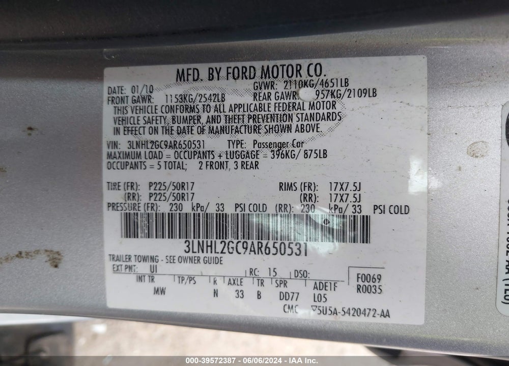 2010 LINCOLN MKZ VIN: 3LNHL2GC9AR650531