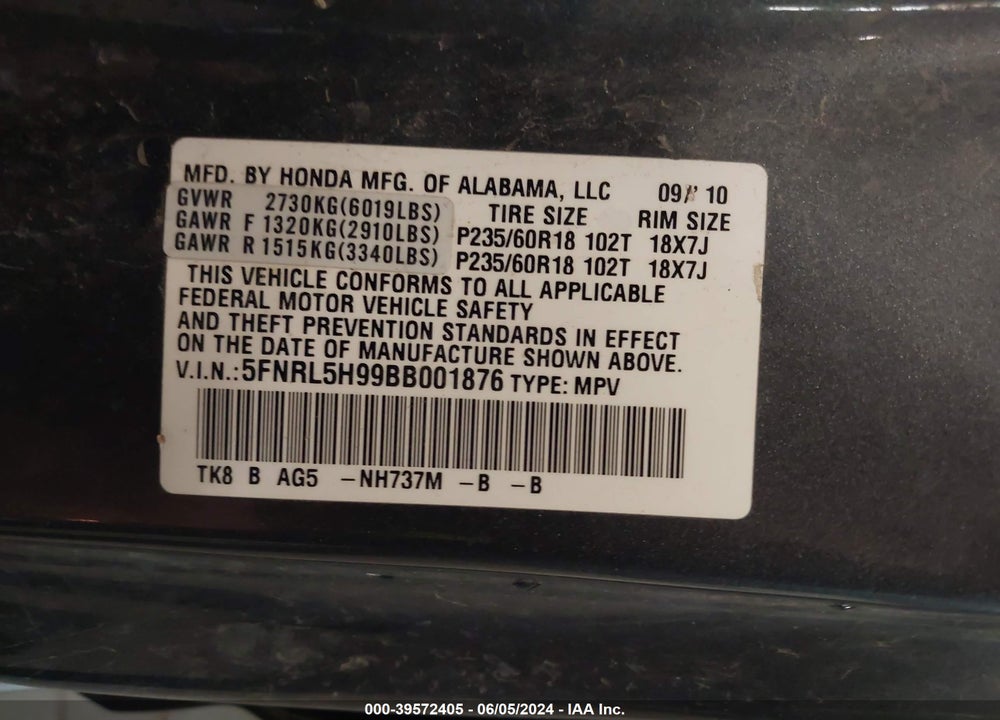 2011 HONDA ODYSSEY TOURING/TOURING ELITE VIN: 5FNRL5H99BB001876