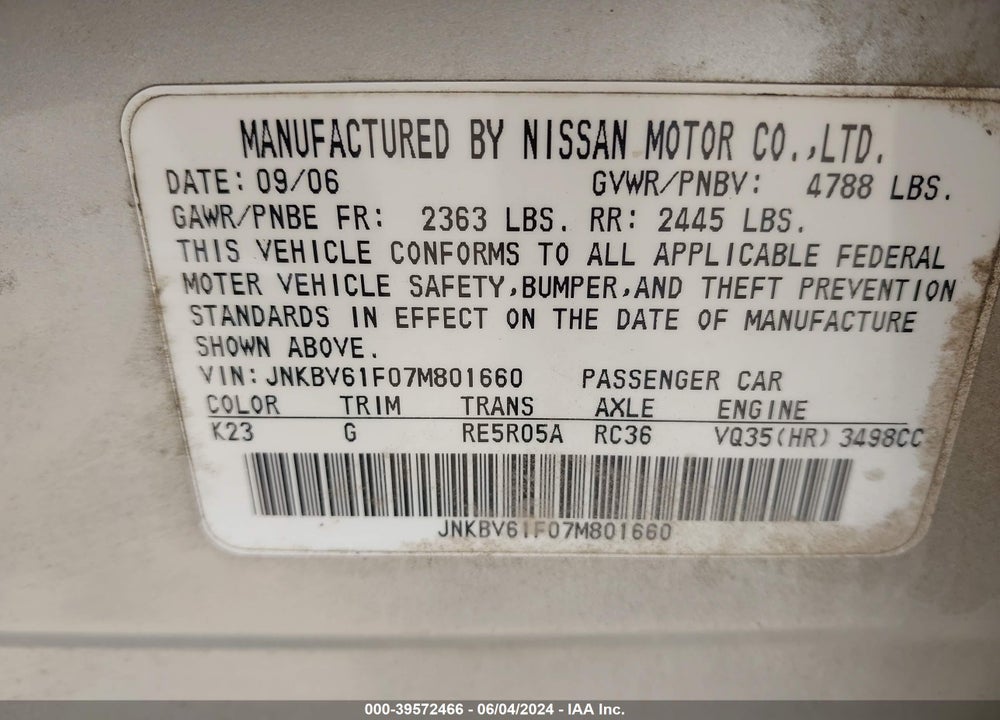 2007 INFINITI G35X VIN: JNKBV61F07M801660