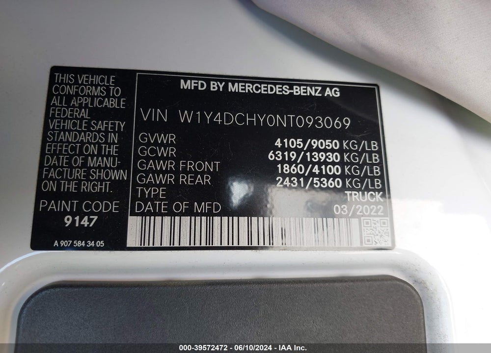 2022 MERCEDES-BENZ SPRINTER 2500 HIGH ROOF I4 DIESEL VIN: W1Y4DCHY0NT093069