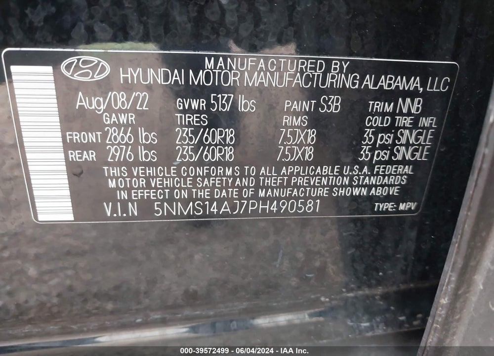 2023 HYUNDAI SANTA FE SE VIN: 5NMS14AJ7PH490581