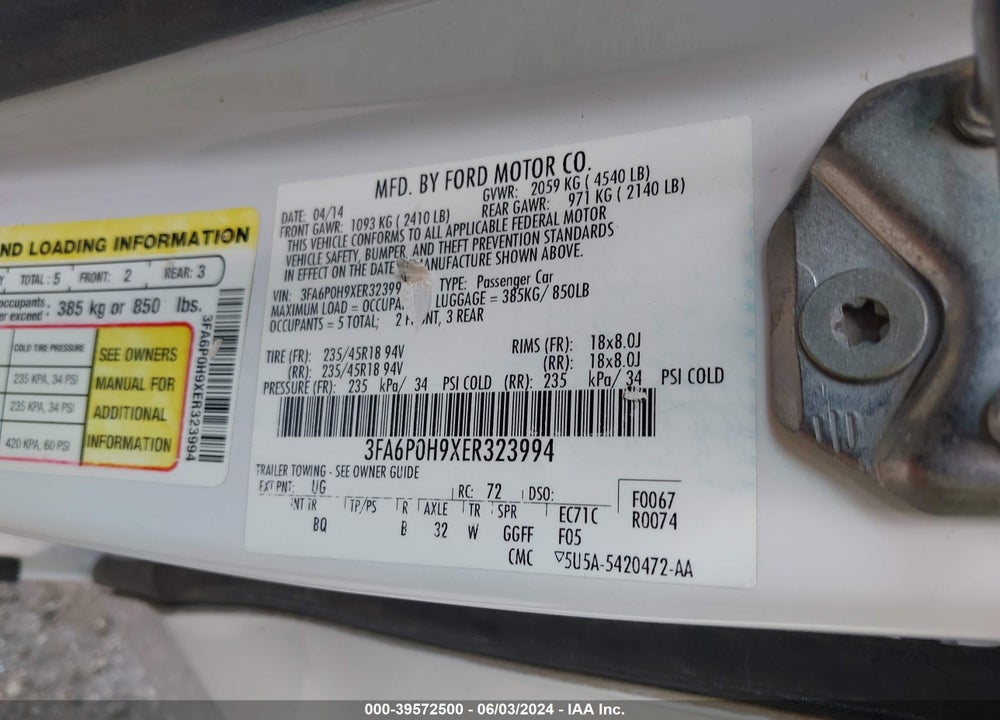 2014 FORD FUSION SE VIN: 3FA6P0H9XER323994