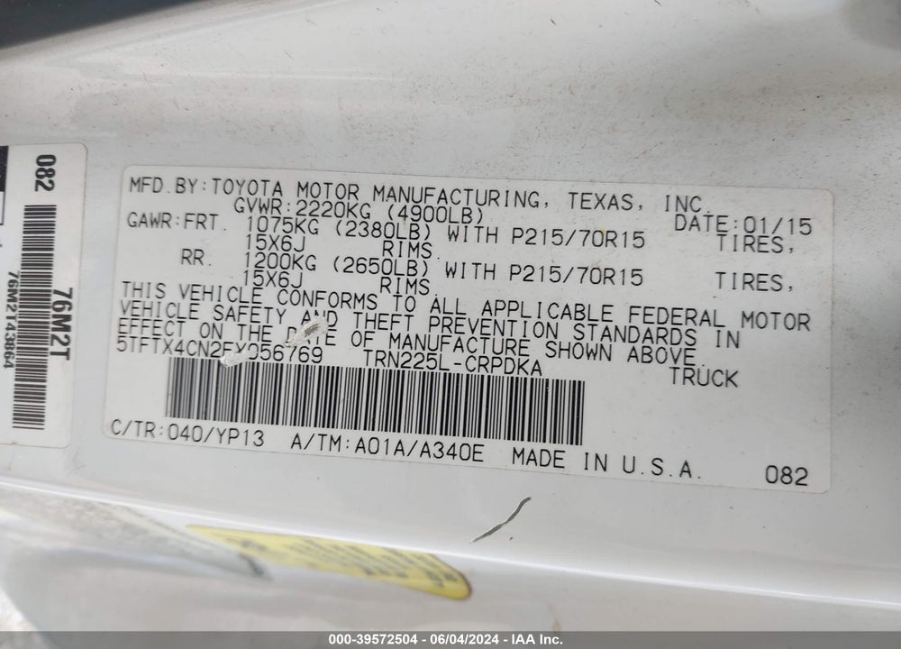 2015 TOYOTA TACOMA VIN: 5TFTX4CN2FX056769