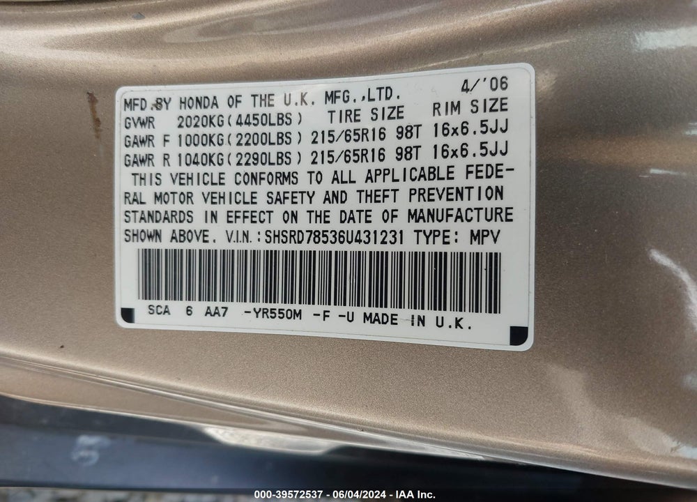 2006 HONDA CR-V LX VIN: SHSRD78536U431231
