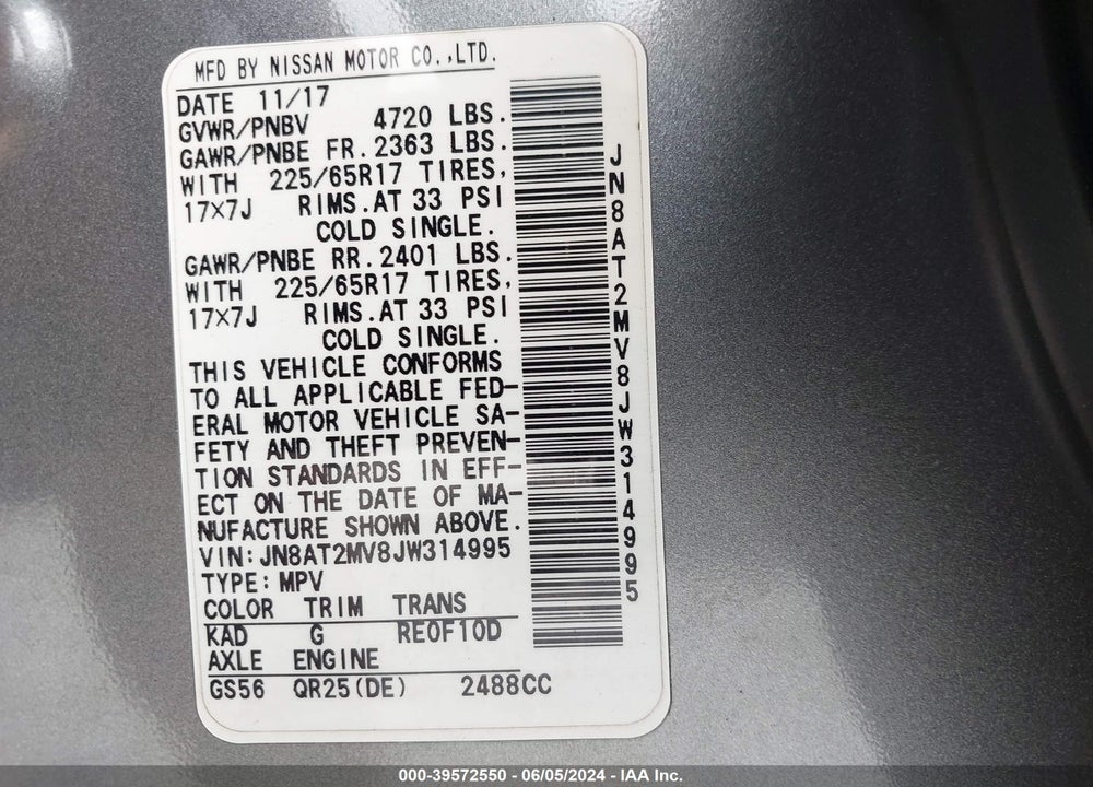 2018 NISSAN ROGUE S VIN: JN8AT2MV8JW314995