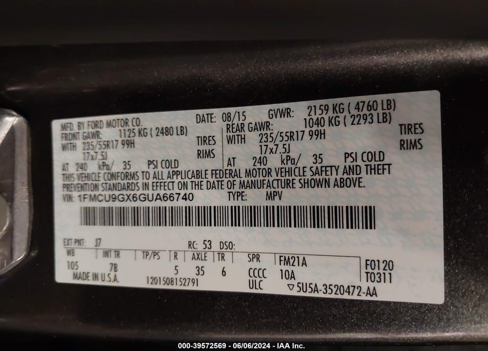 2016 FORD ESCAPE SE VIN: 1FMCU9GX6GUA66740