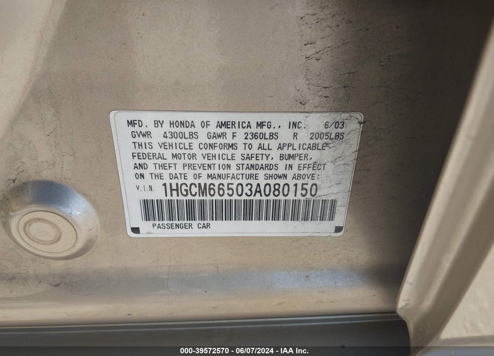 2003 HONDA ACCORD 3.0 EX VIN: 1HGCM66503A080150