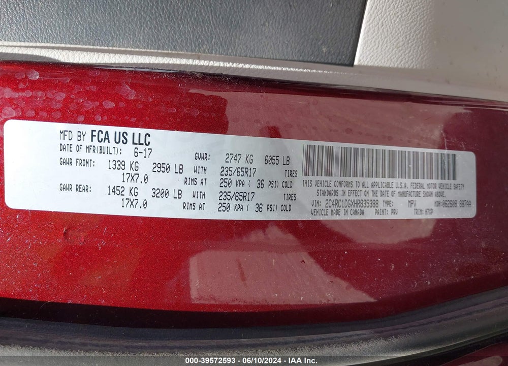 2017 CHRYSLER PACIFICA TOURING VIN: 2C4RC1DGXHR835388