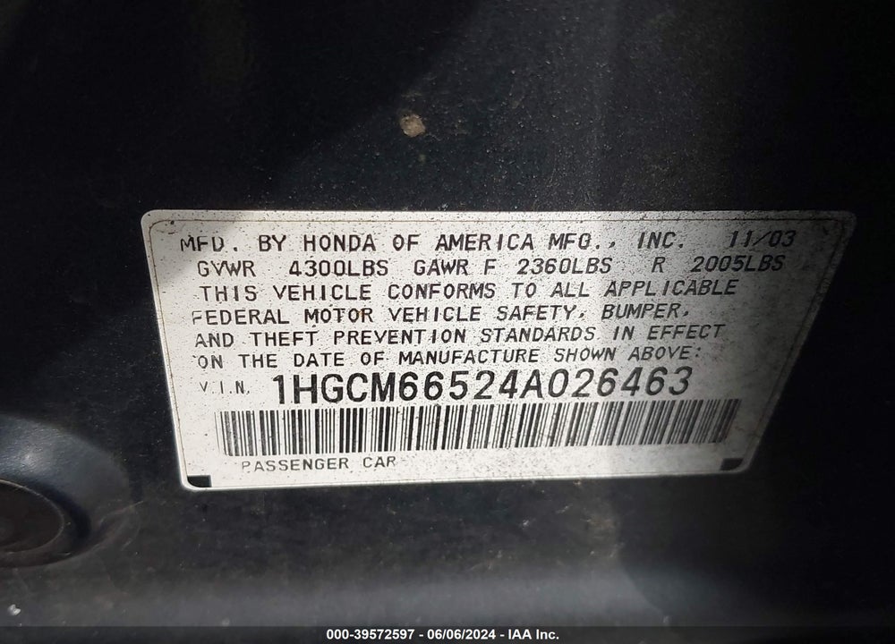 2004 HONDA ACCORD 3.0 EX VIN: 1HGCM66524A026463