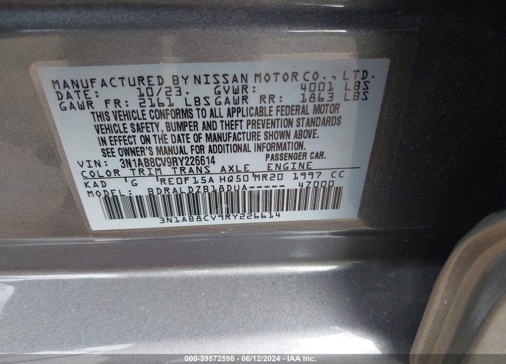 2024 NISSAN SENTRA SV XTRONIC CVT VIN: 3N1AB8CV9RY226614