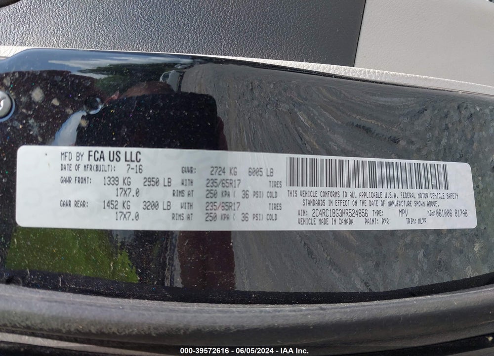 2017 CHRYSLER PACIFICA TOURING L VIN: 2C4RC1BG3HR524856