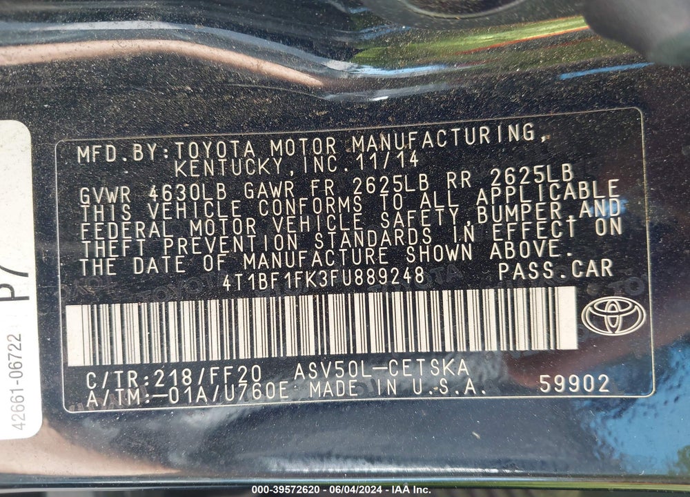 2015 TOYOTA CAMRY SE VIN: 4T1BF1FK3FU889248