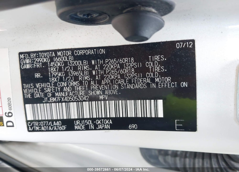 2013 LEXUS 460 VIN: JTJBM7FX4D5053042