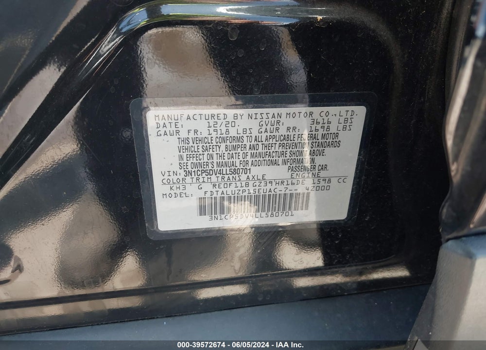 2020 NISSAN KICKS SR XTRONIC CVT VIN: 3N1CP5DV4LL580701