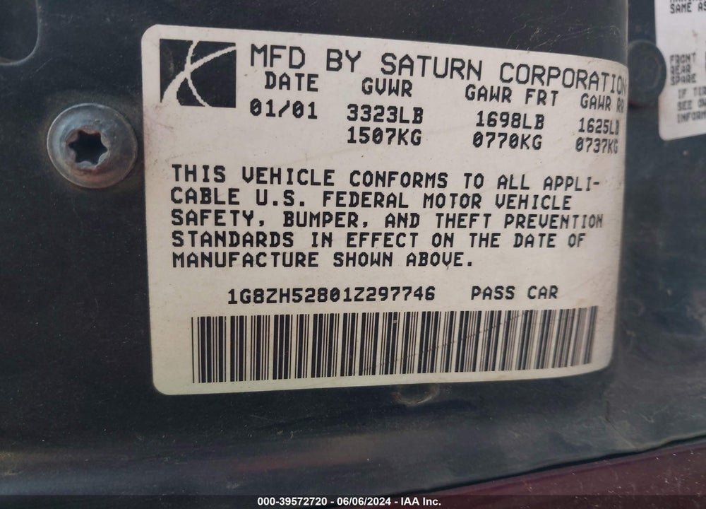 2001 SATURN SL1 VIN: 1G8ZH52801Z297746