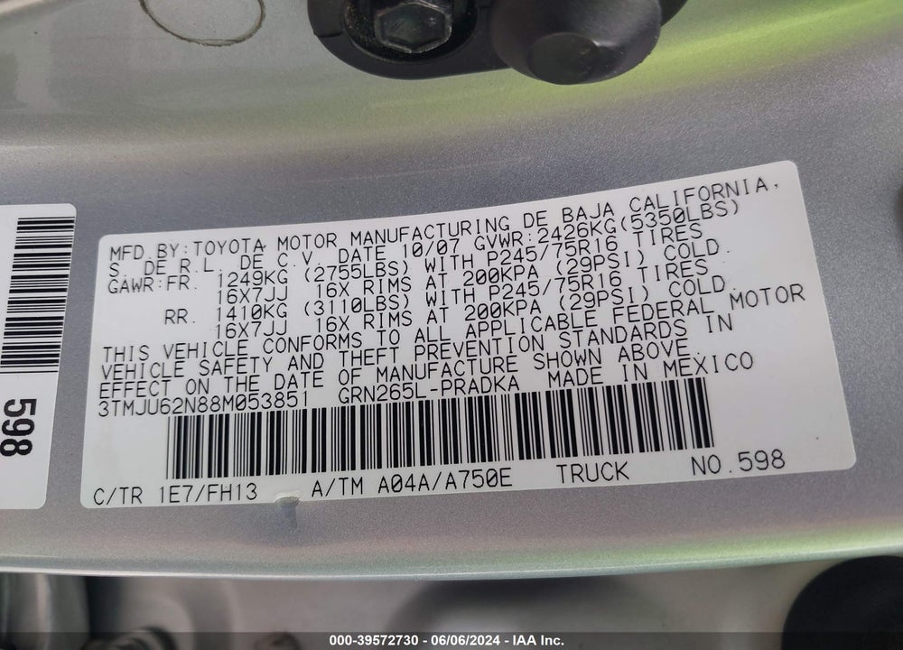 2008 TOYOTA TACOMA PRERUNNER V6 VIN: 3TMJU62N88M053851