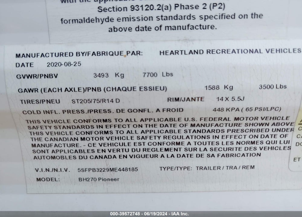 2021 HEARTLAND RVS PIONEER SERIES BH270 VIN: 5SFPB3229ME448185