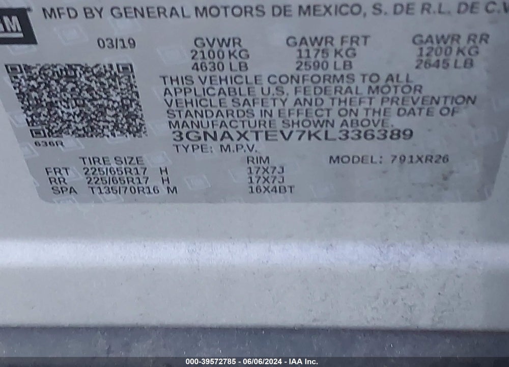 2019 CHEVROLET EQUINOX LT VIN: 3GNAXTEV7KL336389