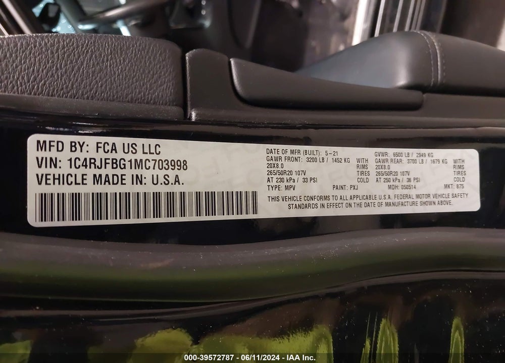 2021 JEEP GRAND CHEROKEE LIMITED X 4X4 VIN: 1C4RJFBG1MC703998