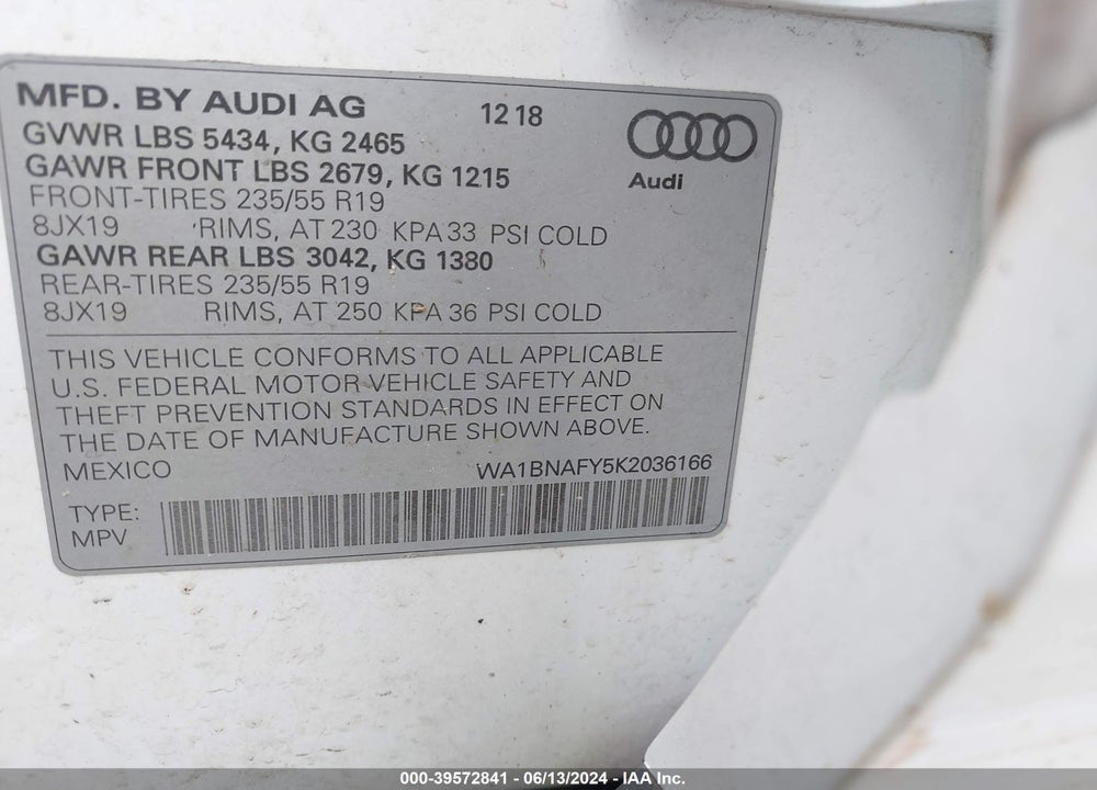 2019 AUDI Q5 45 PREMIUM VIN: WA1BNAFY5K2036166