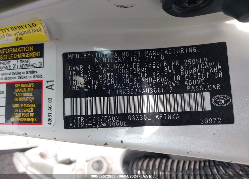2010 TOYOTA AVALON XL VIN: 4T1BK3DB4AU368817