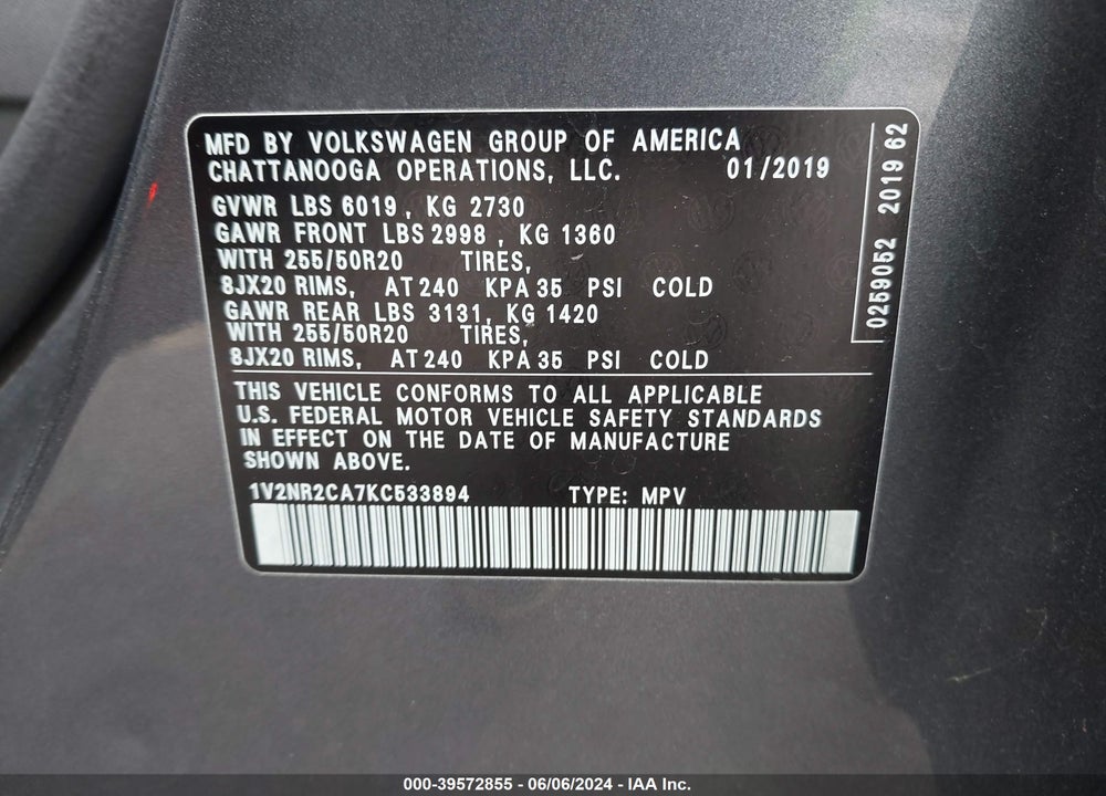 2019 VOLKSWAGEN ATLAS 3.6L V6 SEL PREMIUM VIN: 1V2NR2CA7KC533894