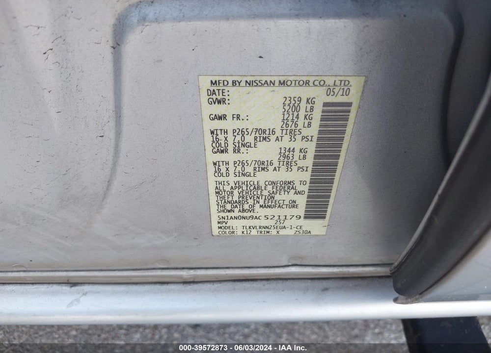 2010 NISSAN XTERRA S VIN: 5N1AN0NU9AC521179