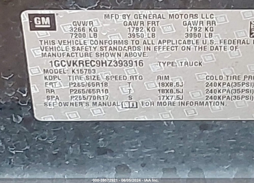 2017 CHEVROLET SILVERADO 1500 2LT VIN: 1GCVKREC9HZ393916